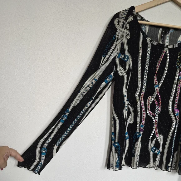 AZI Jeans Sheer Mesh Belt Print Beaded Y2K Top Size M - Picture 4 of 16